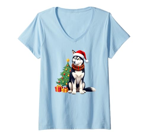 Damen Sibirischer Husky Hund, Weihnachten, Nikolausmütze T-Shirt mit V-Ausschnitt Damen Sibirischer Husky Hund, Weihnachten, Nikolausmütze T-Shirt mit V-Ausschnitt von Fredz Siberian Husky themed Gifts