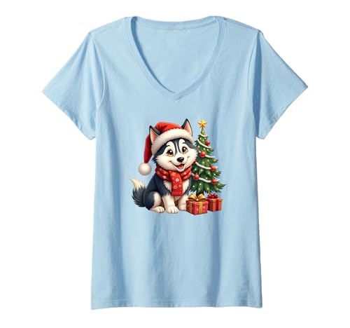 Damen Sibirischer Husky Welpe Hund, Weihnachten, Nikolausmütze T-Shirt mit V-Ausschnitt Damen Sibirischer Husky Welpe Hund, Weihnachten, Nikolausmütze T-Shirt mit V-Ausschnitt von Fredz Siberian Husky themed Gifts