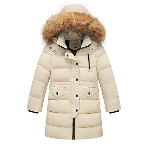 Free Fisher Kinder Jungen/Mädchen Winter Daunenmantel mit Fellkapuze, Beige, Gr. 104/110(Herstellergröße: 110) von Free Fisher