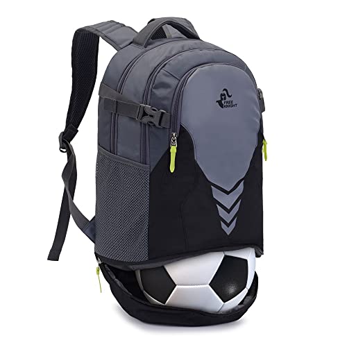 free knight Rucksack mit Bottom Ball Compartment - große Kapazität Sportgeräte Tasche für Jugend Jungen Mädchen Fit Basketball Volleyball Fußball Soccer Ball (Schwarz-Grau) von free knight