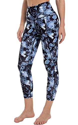 Free Leaper 7/8 Leggings Damen Hohe Taille Yogahose Länge mit Taschen Sporthose (Blaue Farbblätter, S) von Free Leaper