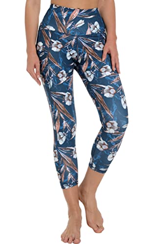 Free Leaper 7/8 Leggings Damen Hohe Taille Yogahose Länge mit Taschen Sporthose (Blaue Weiße Blumen, 2XL) von Free Leaper