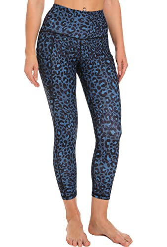 Free Leaper 7/8 Leggings Damen Hohe Taille Yogahose Länge mit Taschen Sporthose (Dunkelblauer Leopard, XL) von Free Leaper