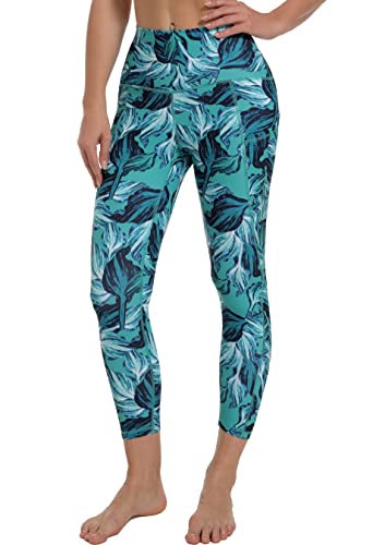 Free Leaper 7/8 Leggings Damen Hohe Taille Yogahose Länge mit Taschen Sporthose (Grüne Palmblätter, XL) von Free Leaper