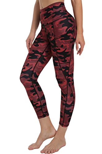 Free Leaper 7/8 Leggings Damen Hohe Taille Yogahose Länge mit Taschen Sporthose (Rot Schwarz Camo, 2XL) von Free Leaper