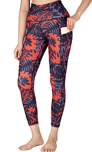 Free Leaper 7/8 Leggings Damen Hohe Taille Yogahose Länge mit Taschen Sporthose (Rote Ahornblätter, XL) von Free Leaper