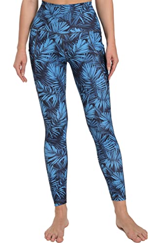 Free Leaper Gymleggings ür Damen Hohe Taille Laufleggings mit Taschen Yogahose (Dunkelblaue Blätter, XL) von Free Leaper