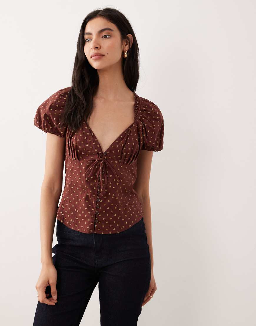 Free People - Bluse in Schokobraun mit Polka-Punktemuster-Brown von Free People