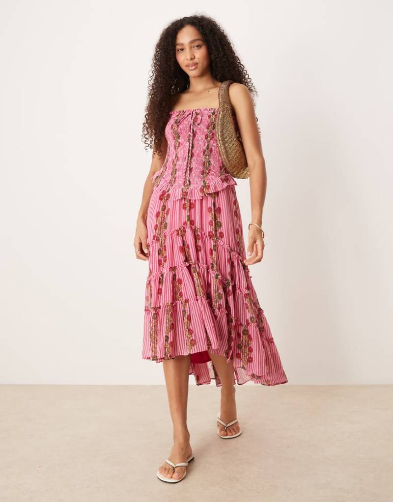Free People - Gerafftes Midikleid in Pink-Kombi mit Rüschen-Bunt von Free People