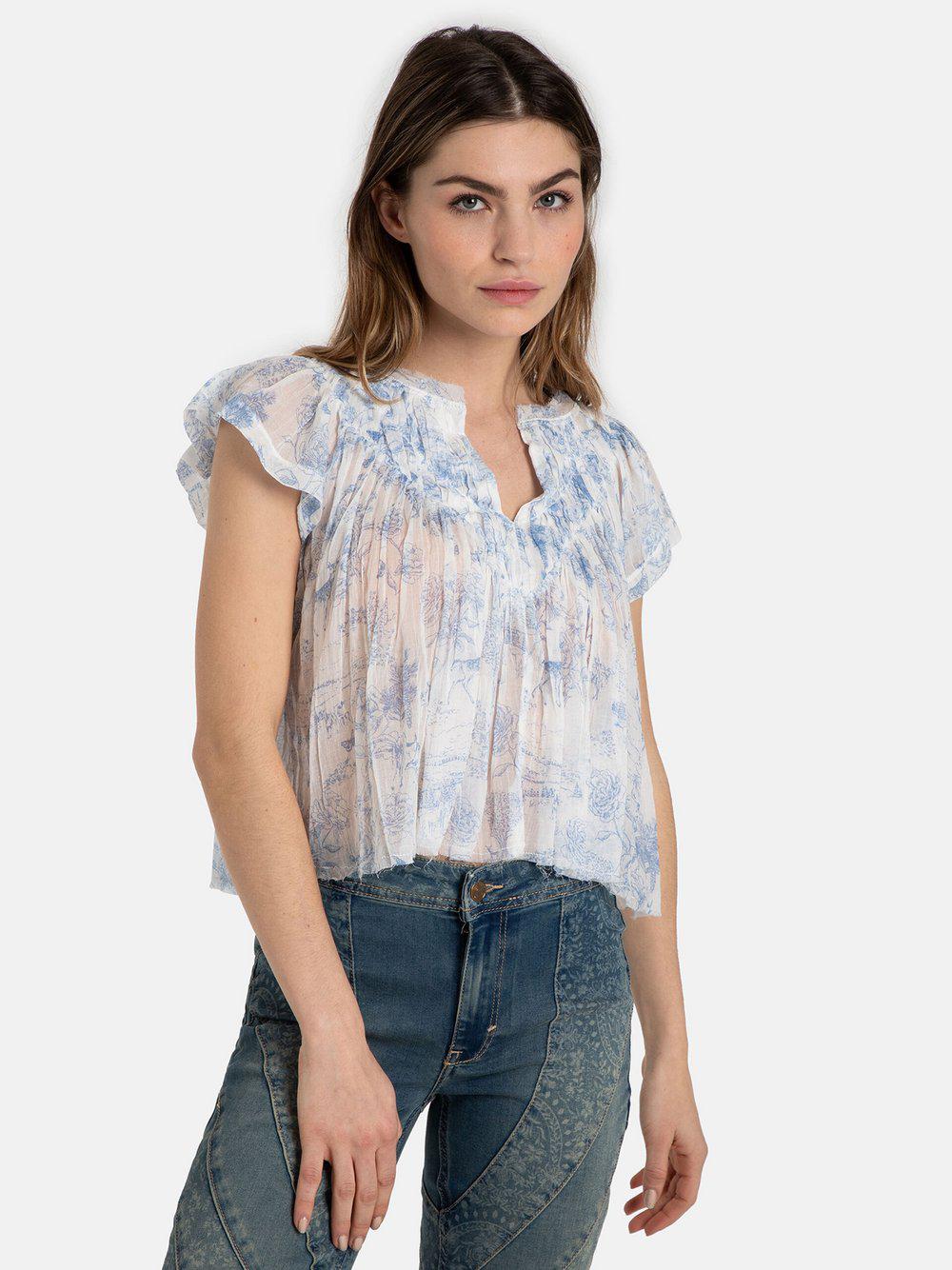 Free People Kurzarmbluse Damen Baumwolle V-Ausschnitt gemustert, weiß von Free People