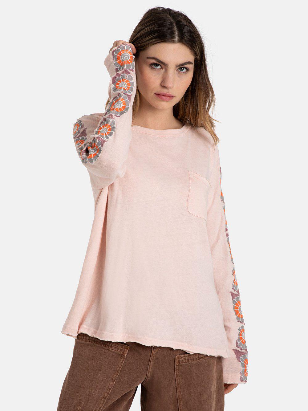 Free People Langarmshirt Damen Baumwolle U-Boot gemustert, pink von Free People