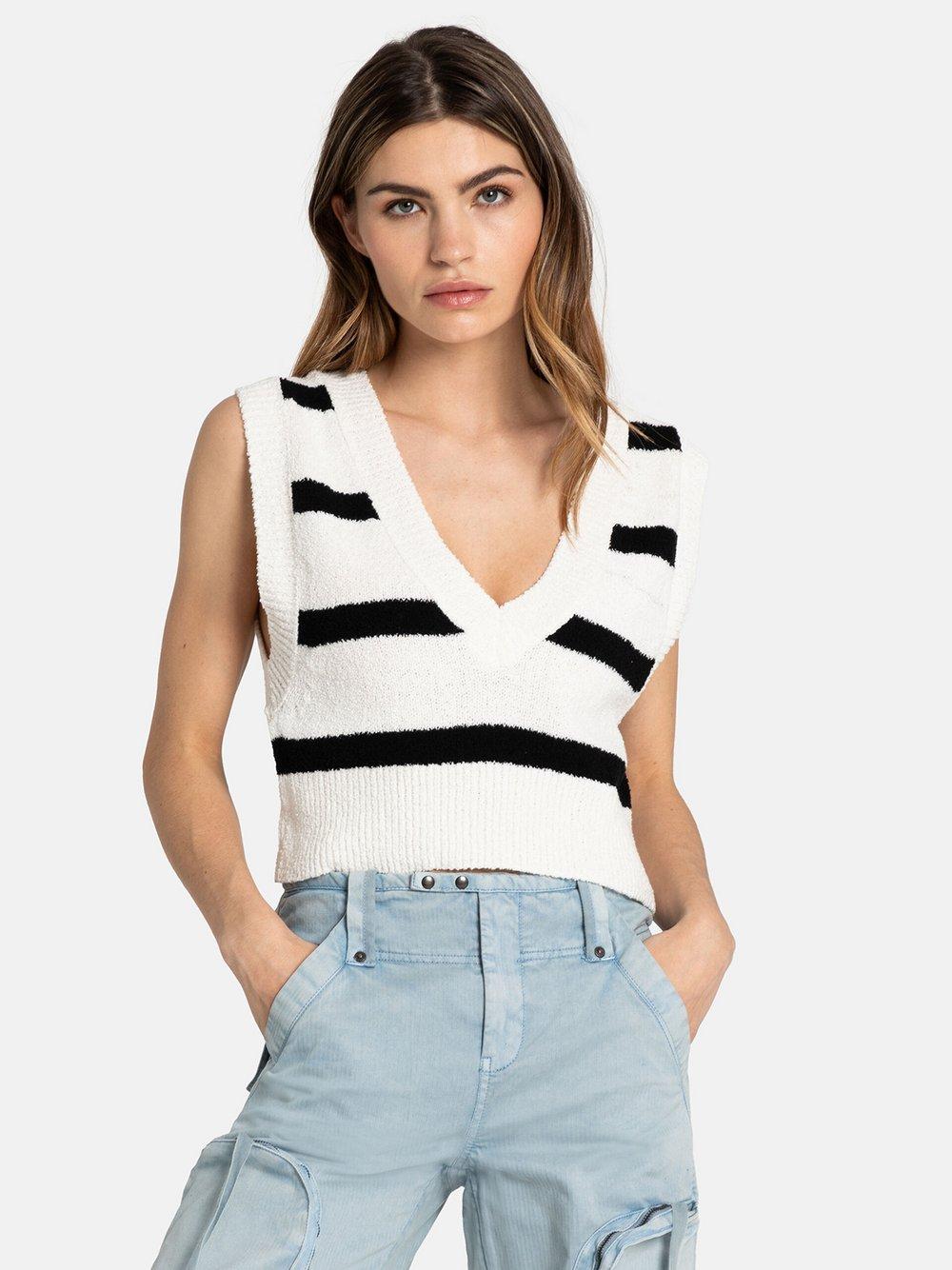 Free People Pullunder Damen Baumwolle V-Ausschnitt gestreift, weiß von Free People