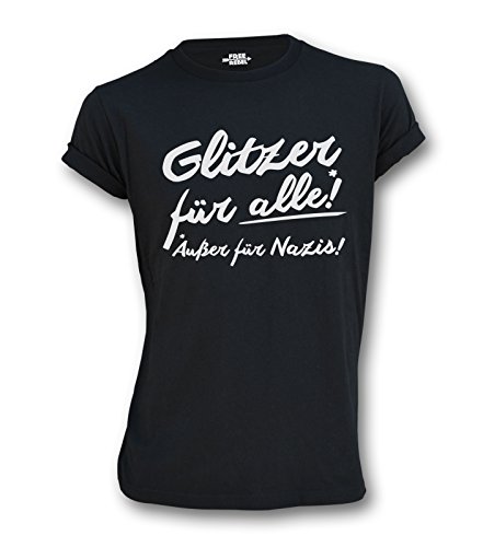 Free Rebel T-Shirt Glitzer FÜR ALLE! Black Men Ladies Women Unisex Anti Nazi Refugees Welcome (L) von Free Rebel