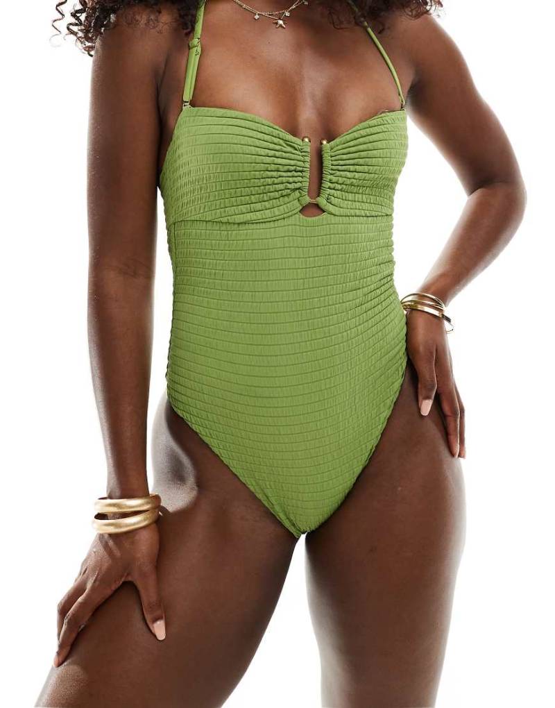 Free Society - Strukturierter Badeanzug in Khaki mit Ringverzierung vorne-Grün von Free Society