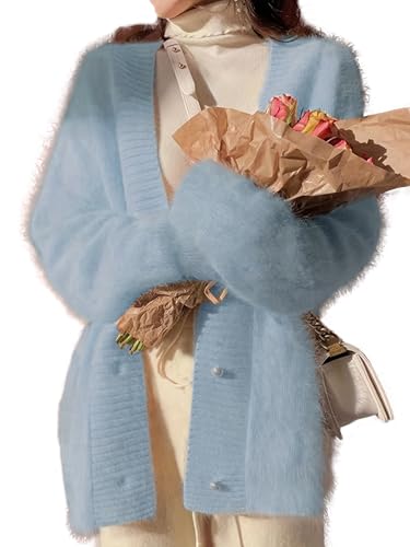 Free Valley Damen Strickjacke, flauschig, V-Ausschnitt, lange Ärmel, Knopfleiste, lässig, pelzig, Blau, Einheitsgröße Free Valley Damen Strickjacke, flauschig, V-Ausschnitt, lange Ärmel, Knopfleiste, lässig, pelzig, Blau, Einheitsgröße von Free Valley