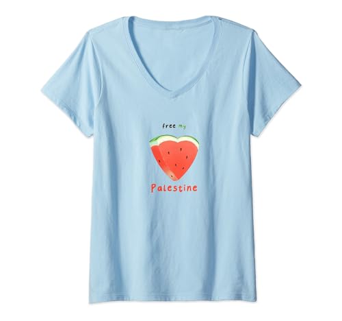 Damen Free my Palestine Wassermelone Design T-Shirt mit V-Ausschnitt Damen Free my Palestine Wassermelone Design T-Shirt mit V-Ausschnitt von Free my Palestine watermelon design