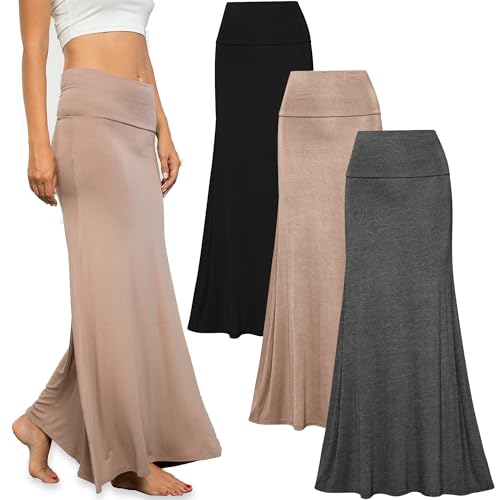 Free to Live - 3er-Pack Damen-Falt-Over-Flowy-Maxi-Röcke mit hoher Taille – Flare Style, bodenlang, Schwarz, Anthrazit, Mokka, Mittel von Free to Live