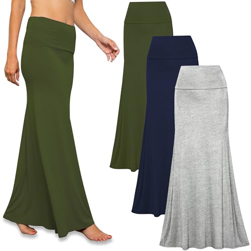 Free to Live - 3er-Pack Damen Fold Over Flowy High Waist Maxi Röcke – Flare Style, Bodenlänge, Heather Grey, Navy, Olive, Groß von Free to Live
