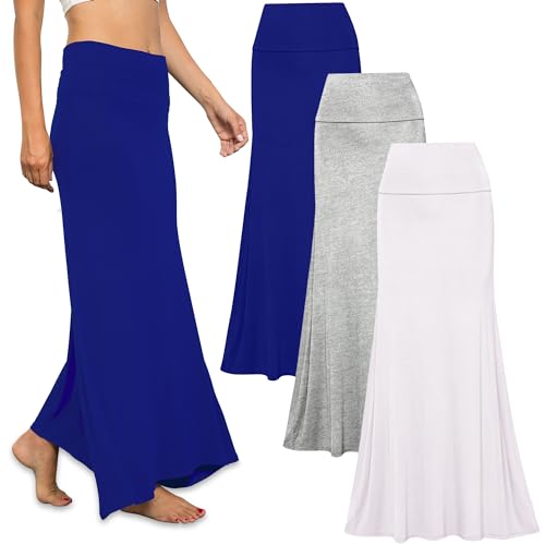 Free to Live - 3er-Pack Damen Fold Over Flowy High Waist Maxi Röcke – Flare Style, Bodenlänge, Heather Grey, Royal Blue, White, Groß von Free to Live