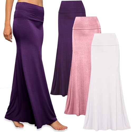 Free to Live - 3er-Pack Damen Fold Over Flowy High Waist Maxi Röcke – Flare Style, Bodenlänge, Lila, Rose, Weiß, XX-Large von Free to Live