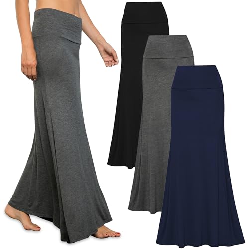 Free to Live - 3er-Pack Damen Fold Over Flowy High Waist Maxi Röcke – Flare Style, Bodenlänge, Schwarz, Anthrazit, Marineblau, XX-Large von Free to Live