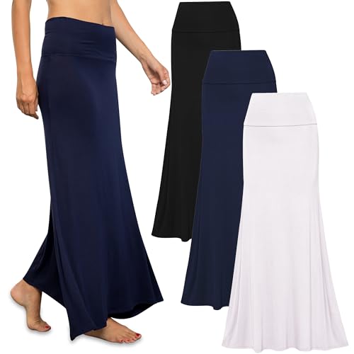 Free to Live Langer Rock für Damen, 3 Stück, Herbst, Winter, fließender Maxirock, hohe Taille, umklappbar, knöchellang, Jersey-Strick, Groß von Free to Live