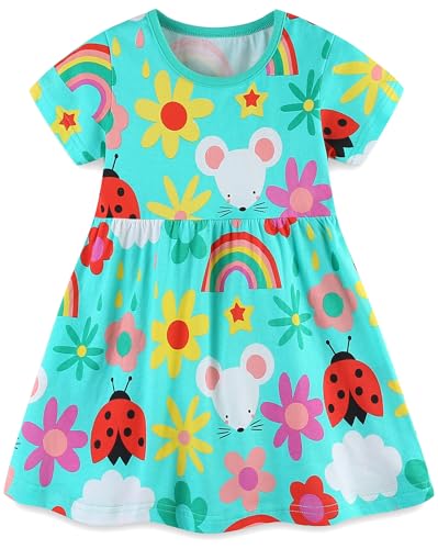 FreeLu Kleinkind Mädchen Baumwolle Sommer Kurzarm Kleid Cartoon Print Casual Jersey Kleider, Marienkäfer-Grün, 122 von FreeLu