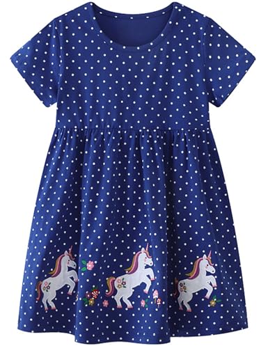 FreeLu Kleinkind Mädchen Baumwolle Sommer Kurzarm Kleid Cartoon Print Casual Jersey Kleider, Saphirblaues Einhorn, 5 Jahre von FreeLu