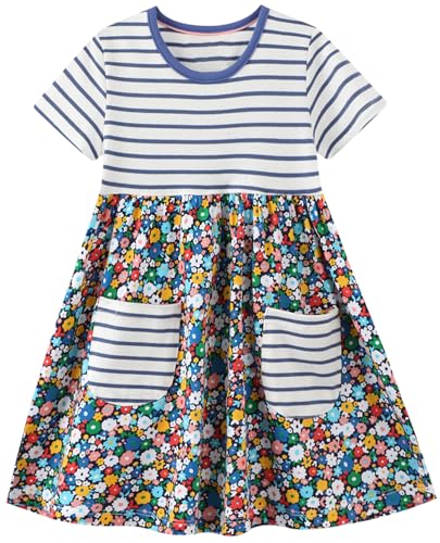 FreeLu Mädchenkleid, Baumwolle, kurzärmelig, niedlich, gestreift, Cartoon-Muster, lässiges Sommerkleid, Taschen mit Blumenmuster, 122 von FreeLu