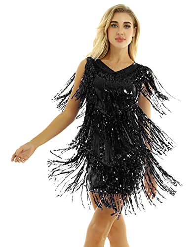 Freebily 1920er Kleid Damen Flapper Kleid Pailletten verziert Quasten Saum Flapper Kleid Motto Party Damen Kostüm Kleid Schwarz_H M von Freebily