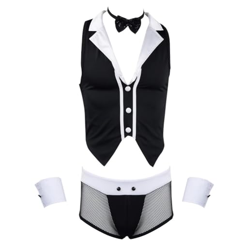 Freebily 4tlg Herren Barkeeper-Kostüm Kellner-Outfit Erotik Kostüm Rollenspiel Clubwear Unterwäsche Set Schleife Weste Manschetten Mesh Boxershorts Schwarz Einheitsgröße Freebily 4tlg Herren Barkeeper-Kostüm Kellner-Outfit Erotik Kostüm Rollenspiel Clubwear Unterwäsche Set Schleife Weste Manschetten Mesh Boxershorts Schwarz Einheitsgröße von Freebily