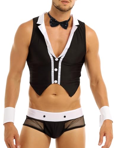 Freebily 4tlg Herren Barkeeper-Kostüm Kellner-Outfit Erotik Kostüm Rollenspiel Clubwear Unterwäsche Set Schleife Weste Manschetten Mesh Boxershorts Schwarz Einheitsgröße von Freebily