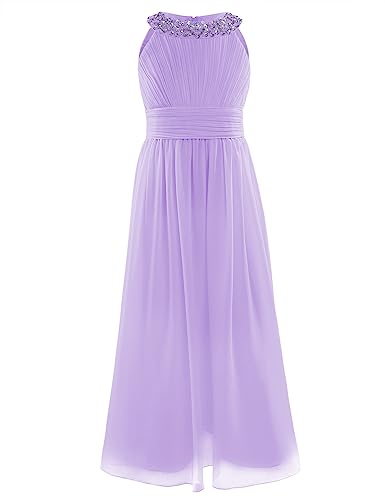 Freebily Blumenmädchen Kleider Mädchen Festlich Elegant Partykleid Chiffon Prinzessin Kleid Hochzeit Brautjungfer Kleid Festival Abendkleider lang Lavendel 140 von Freebily