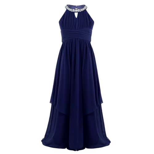 Freebily Blumenmädchen Kleider Mädchen Festlich Elegant Partykleid Chiffon Prinzessin Kleid Hochzeit Brautjungfer Kleid Festival Abendkleider lang Marineblau Bodenlang 140 von Freebily