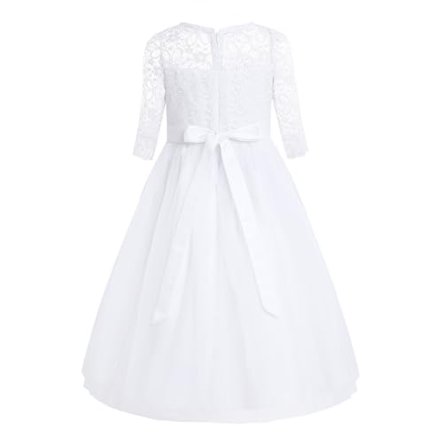 Freebily Blumenmädchenkleid Mädchen Spitze Prinzessin Kleid Festliche Kleidung für Hochzeit Party Halbarm Brautjungfer Kleid Kommunionkleid in gr.98-176 Weiß 128 von Freebily