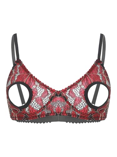 Freebily Damen BH Offene Nippel Brüste Spitze Dessous Bügellos Brustfreie Oberteile Open Cup Lace Lingerie Unterwäsche S-5XL Schwarz&Rot 4XL von Freebily