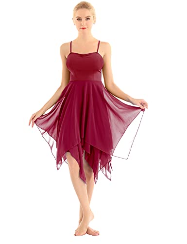 Freebily Damen Ballett Tanzkleid Ärmellos Mit Chiffon Swing Asymmetrische Rock Latein Rumba Tango Ballsaal Kleid Tanzkostüme Weinrot XXL von Freebily