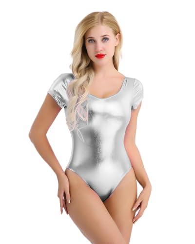 Freebily Damen Wetlook Body Kurzarm Glänzend Metallic Tanzbody Ballett Leotard Gymnastikanzug Turnanzug Trikot Disco Party Gogo Tanzkleidung Overall Silber L von Freebily