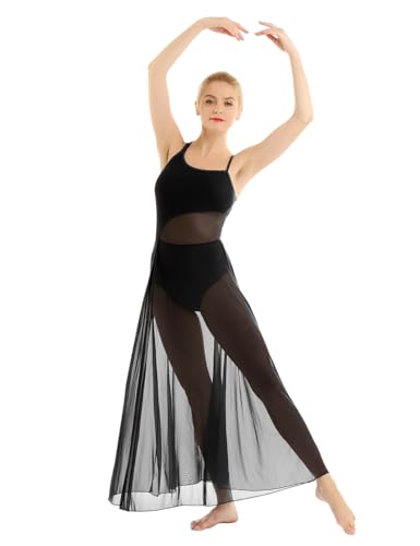 Freebily Damen Tanzkleid Träger Lyrisch Ballett Kleid Latin Tango Kleid Ballettanzug Leotard Mit Tüll Rock Gymnastik Ballerina Kleid Tanzkostüm Schwarz S von Freebily