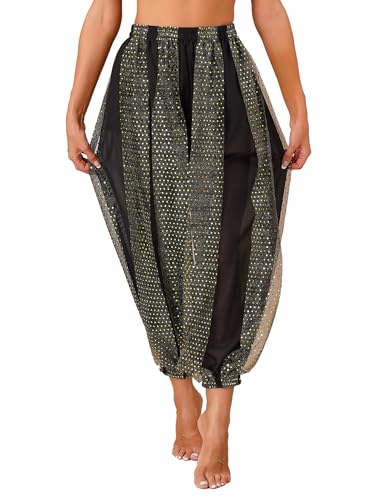 Freebily Damen Bauchtanz Hose Glänzendes Pumphose/Schlaghose Flared Pants Mit Pailletten Glitzer Belly Dance Pants Arabische Tribal TanzKostüm A_Schwarz Einheitsgröße von Freebily