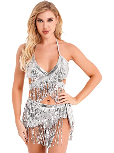 Freebily Damen Bauchtanz Kostüm Sexy Quaste Pailletten BH Oberteil Hüfttuch Rock/Shorts Gürtel Glitzer Tanzkleidung Pole Dance Outfits Silber_L M von Freebily