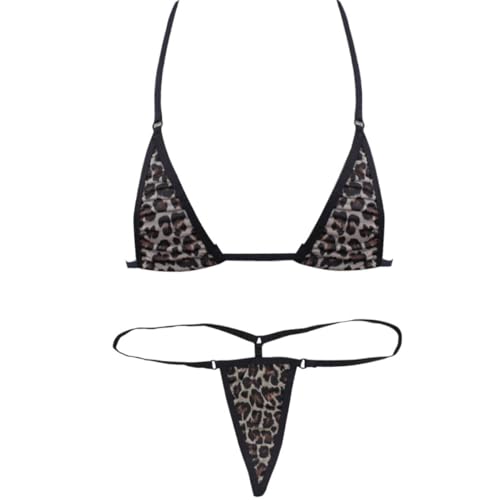 Freebily Damen Triangel Bikini Set Sexy Neckholder BH Bra String Tanga Micro Mini Badeanzug Bademode Badebekleidung Leopard Print Einheitsgröße von Freebily