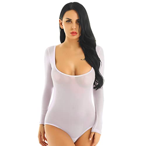 Freebily Damen Bodysuit Durchsichtige Mesh Body Netz Shirt Bluse Unterhemd Oberhemd Transparent Stringbody Tanga Thong High Cut Weiß One Size von Freebily