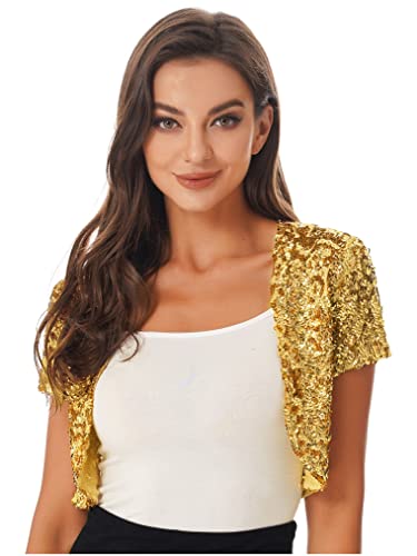 Freebily Damen Glitzer Bolero Festlich Glänzende Pailletten Schulterjacke Jäckchen Kurzarm Hochzeit Braut Bolero Jacke vorne offen Crop Top Gold_B One Size von Freebily