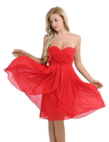 Freebily Damen Brautjungfernkleid Festliches Kleid Chiffon Kleid Abendkleid Elegent für Hochzeit Cocktailkleid Trägerlose Abschlussballkleid Rot 38/40 von Freebily