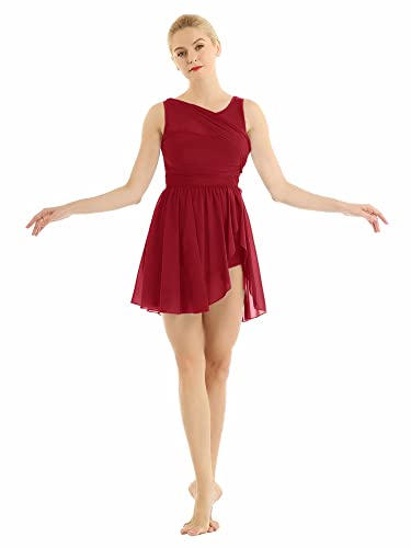 Freebily Damen Chiffon Kleid Ärmellos Tanzkleid Asymmetrisch Ballettkleid Ballett Trikot Jumpsuit Overalls Tanz-Body Gymnastikanzug Kostüm Rot M von Freebily