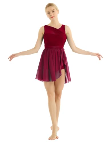 Freebily Damen Tanzkleid Ärmellos Asymmetrisches Ballettkleid Chiffon Ballett Trikot Tanzbody Mit Rock Gymnastik Tanzkleidung Weinrot M von Freebily