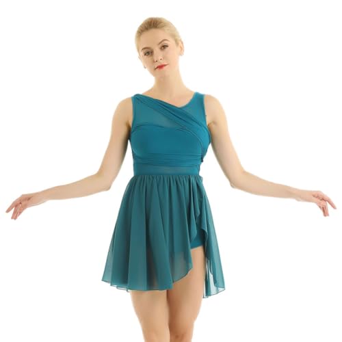 Freebily Damen Tanzkleid Ärmellos Asymmetrisches Ballettkleid Chiffon Ballett Trikot Tanzbody Mit Rock Gymnastik Tanzkleidung Grün XS von Freebily