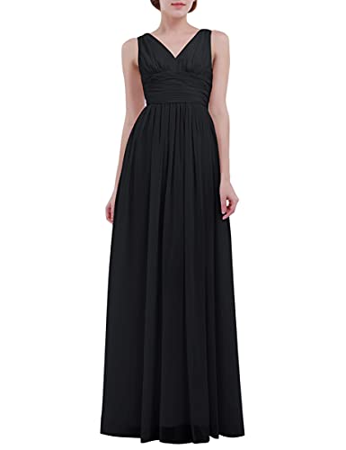 Freebily Damen Chiffon Kleid Festlich Lang Brautjungfernkleider V-Auschnitt Abendkleider Cocktailkleider Maxikleid für Hochzeit Party Kleid Schwarz 44 von Freebily