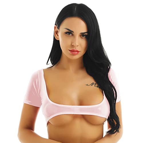 Freebily Damen Crop Top Kurz Brustfrei BH Oberteile Japan Anime Tshirt Top Kurzarm Unterhemd Bauchfrei Erotik Dessous Clubwear Rosa_C Einheitsgröße von Freebily